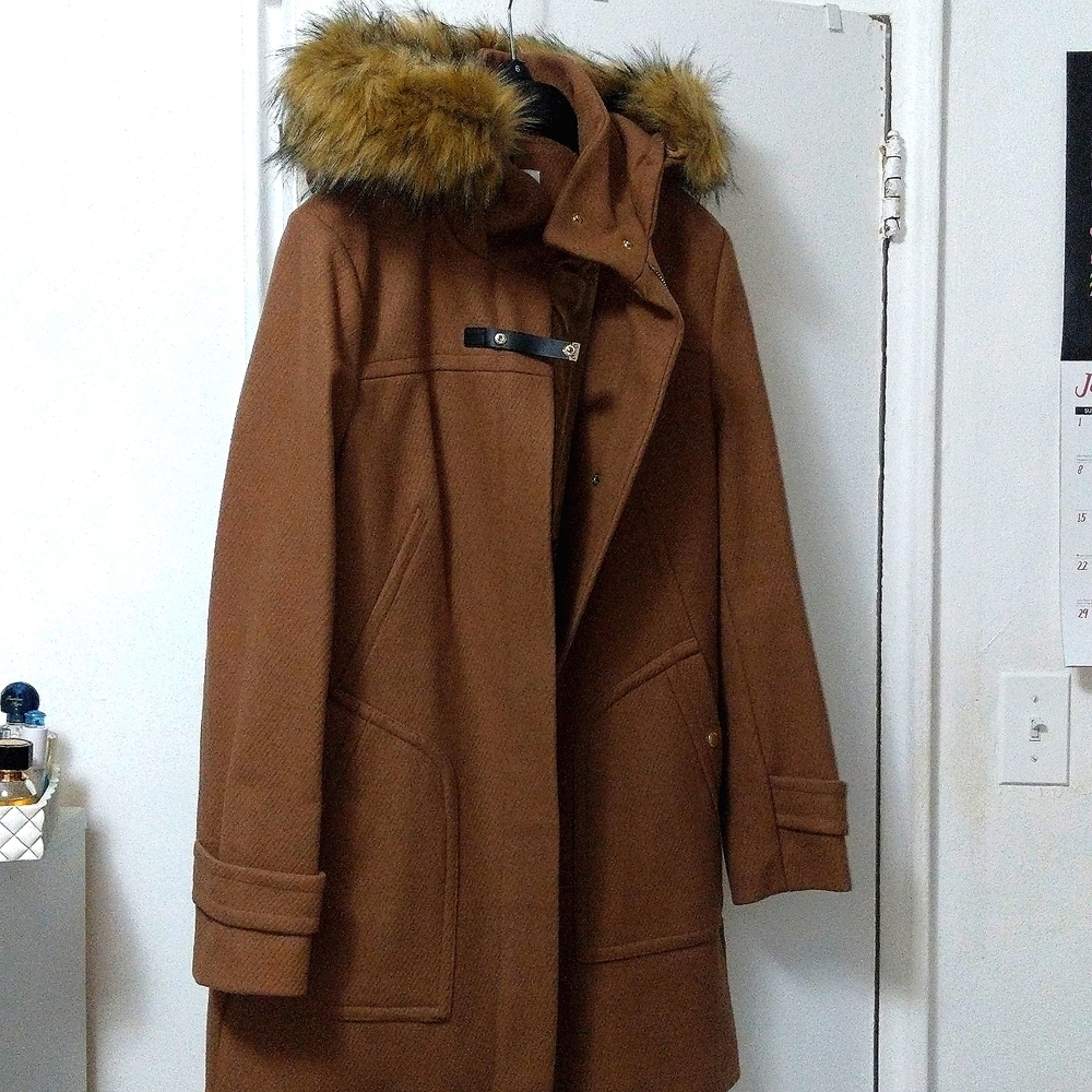 Cole Haan Signature Wool Blend Twill Duffle Jacket with Faux Fur Trimmed Hood
